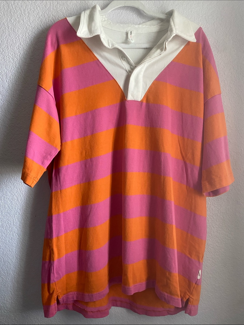 Daily Practice - Striped Pink & Orange Rugby Mini Dress with White Collar